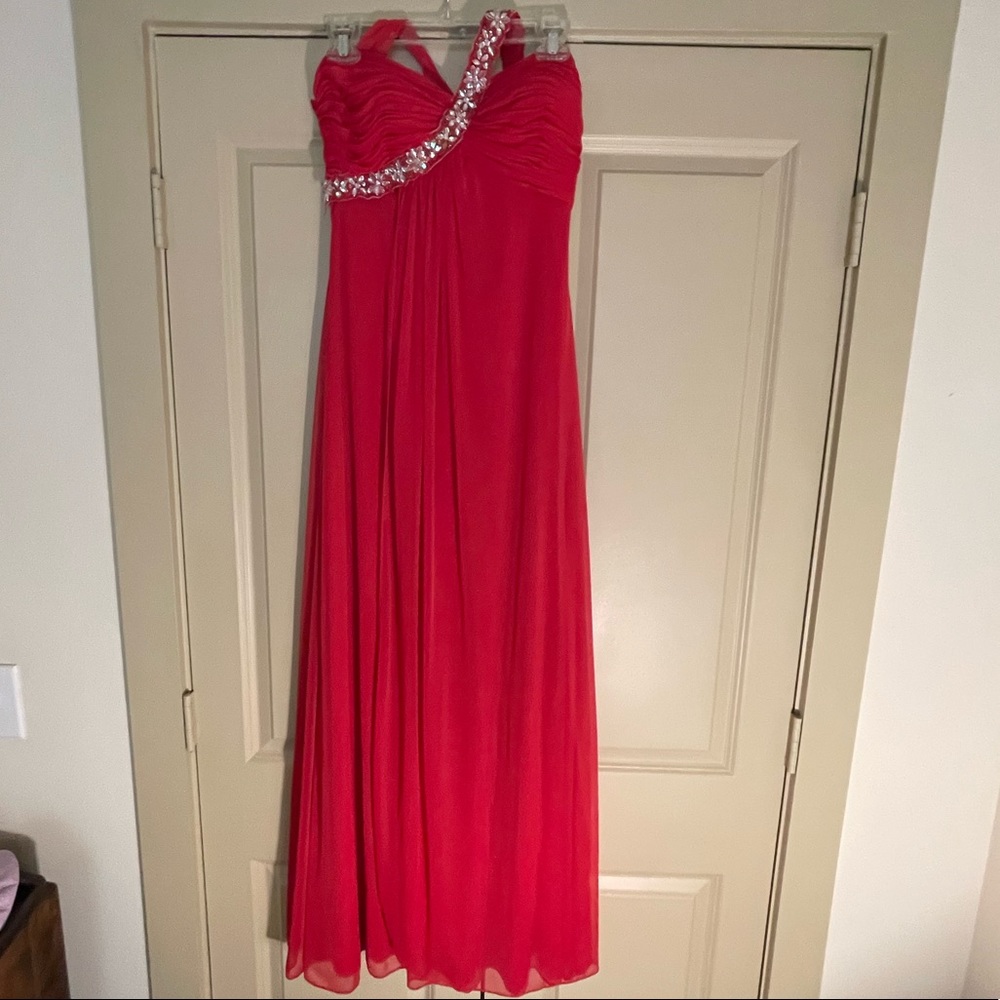 Red & Rhinestone Formal One shoulder Dress - Picture 2 of 13